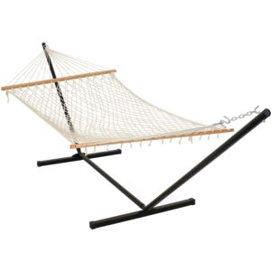 Sunnydaze+Cotton+Rope+Hammock+and+12-Foot+Stand