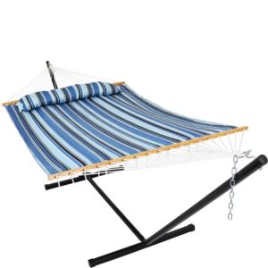 Sunnydaze+Quilted+Fabric+Hammock+Bed+with+12-Foot+Stand+-+Misty+Beach
