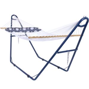 Sunnydaze+2-Person+Spreader+Bar+Rope+Hammock+with+Pillow+with+Blue+Stand