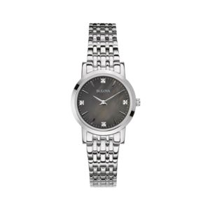 Ladies%27+Silver-Tone+Stainless+Steel+Diamond+Watch+Black+Mother-of-Pearl+Dial