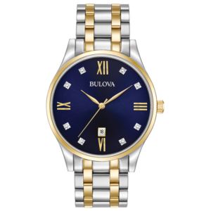 Mens+Diamond+Two-Tone+Stainless+Steel+Watch+Dark+Blue+Dial