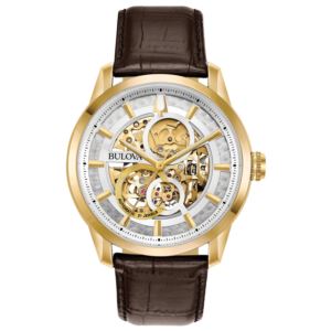 Mens+Sutton+Automatic+Brown+Leather+Strap+Watch+Skeleton+Dial