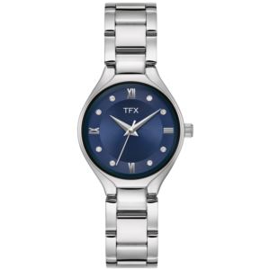 TFX+Ladies%27+Silver-Tone+Stainless+Steel+Watch+w%2F+Crystal+Markers+Navy+Dial