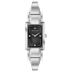 Ladies+Classic+Silver-Tone+Tank+Watch+Black+Mother-of-Pearl+Dial