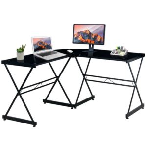 Techni+Mobili+Compact+L-Shaped+Glass+Computer+Desk-Black