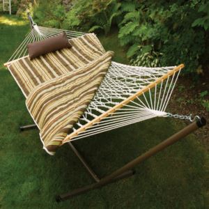 Cotton+Rope+Hammock+w%2F+Stand+Pad+%26+Pillow+Green%2FTan+Stripe
