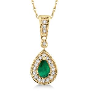 Emerald%2FDiamond+14k+Yellow+Gold+Teardrop+Necklace