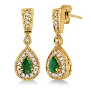 Emerald%2FDiamond+14k+Yellow+Gold+Teardrop+Earrings