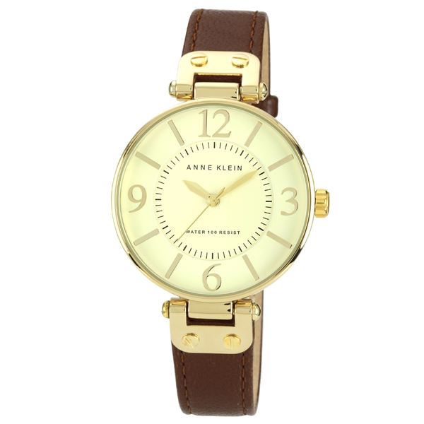 Women's Gold-Tone Round Brown Leather Strap Watch 10-9168IVBN