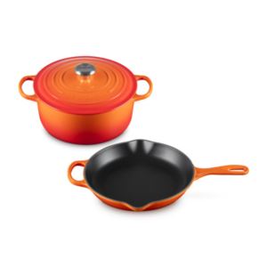 Le+Creuset+4Pc+Signature+Cast+Iron+Set+-+Flame+%285.5+qt.+RDO+%26+10.25%22+Signature+Iron+Handle+Skillet%29