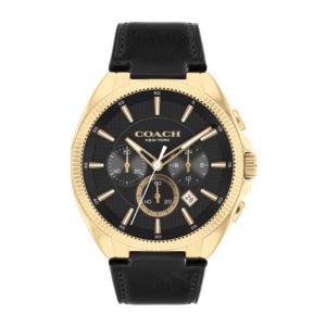 Mens+Jackson+Chronograph+Gold+Black+Leather+Strap+Watch+Black+Dial