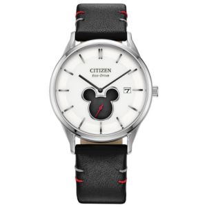 Unisex+Mickey+Shadow+Eco-Drive+Black+Leather+Strap+Watch+Silver-White+Dial