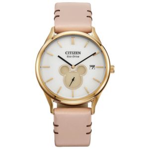 Unisex+Mickey+Shadow+Eco-Drive+Natural+Leather+Strap+Watch+Silver+Dial