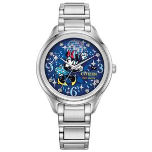 Ladies%27+Dancing+Minnie+Eco-Drive+Silver-Tone+Stainless+Steel+Watch+Blue+Dial