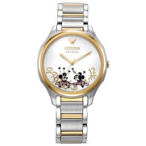 Ladies%27+Falling+Mickey+%26+Minnie+Eco-Drive+Two-Tone+SS+Watch+Silver+Dial