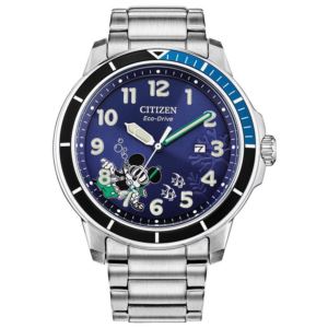 Men%27s+Mickey+Water+Sport+Eco-Drive+Silver-Tone+Stainless+Steel+Watch+Navy+Dial