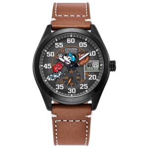 Men%27s+Batter%27s+Up+Mickey+Eco-Drive+Brown+Leather+Strap+Watch+Black+Dial