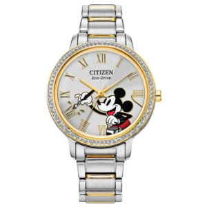 Ladies%27+Mickey+Crystal+Eco-Drive+Two-Tone+Stainless+Steel+Watch+Silver+Dial