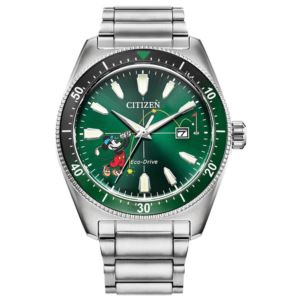 Men%27s+Tee+Time+Mickey+Eco-Drive+Silver-Tone+Stainless+Steel+Watch+Green+Dial