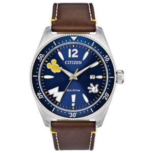 Men%27s+Vintage+Mickey+Mouse+Eco-Drive+Brown+Leather+Strap+Watch+Navy+Dial