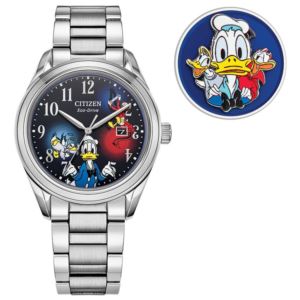 Men%27s+Feisty+Donald+Duck+90th+Anniversary+Eco-Drive+Silver+SS+Watch+Blue+Dial