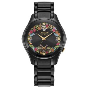 Ladies%27+Pixar+Sugar+Skull+Eco-Drive+Black+Ion-Plated+SS+Watch+Black+Art+Dial