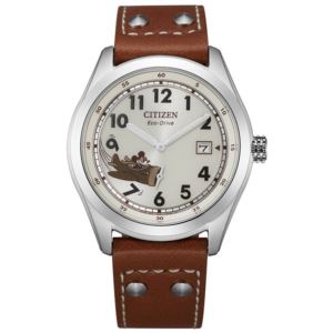 Men%27s+Mickey+Aviator+Eco-Drive+Tan+Leather+Strap+Watch+Vintage+Ivory+Dial