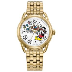 Ladies%27+Mickey+Classic+Eco-Drive+Gold-Tone+SS+Watch+Silver-White+Dial