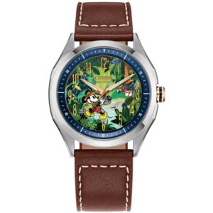 Unisex+Mickey+Mouse+Explorer+Brown+Leather+Strap+Watch+Green+Dial