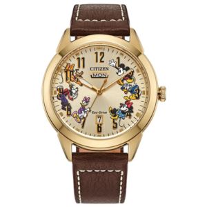 Unisex+Donald+Duck+and+Crew+Eco-Drive+Brown+Leather+Strap+Watch+Cream+Dial