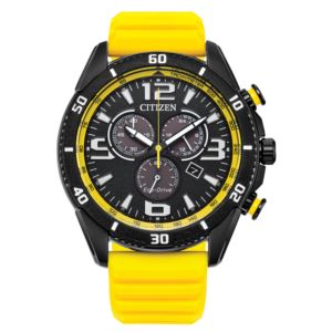 Mens+Brycen+Chronograph+EcoDrive+Yellow+Silicone+Strap+Watch+Black+Dial