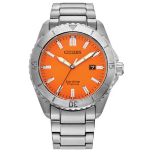 Men%27s+Brycen+Super+Titanium+Eco-Drive+Silver-Tone+SS+Watch+Orange+Dial