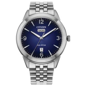 Mens+Rolan+EcoDrive+SilverTone+Stainless+Steel+Watch+Blue+Dial