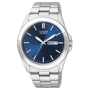 Mens+Quartz+SilverTone+Stainless+Steel+Watch+Blue+Dial