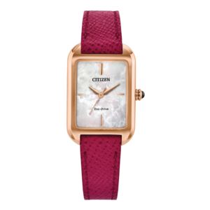 Ladies+Dress+Classic+EcoDrive+Pink+Leather+Strap+Rectangle+Watch+MOP+Dial