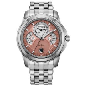 Mens+Calendrier+EcoDrive+SilverTone+Stainless+Watch+Salmon+Silver+Dial