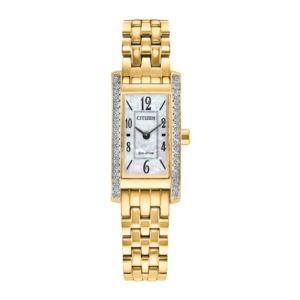Ladies+Petite+Palidoro+EcoDrive+GoldTone+SS+Rectangle+Watch+White+MOP+Dial