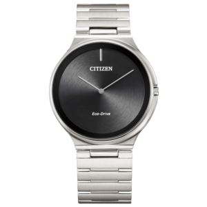 Unisex+Stiletto+Eco-Drive+Silver-Tone+Stainless+Steel+Watch+Black+Dial