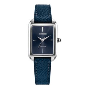 Ladies+Dress+Classic+EcoDrive+Blue+Leather+Strap+Rectangle+Watch+Blue+Dial