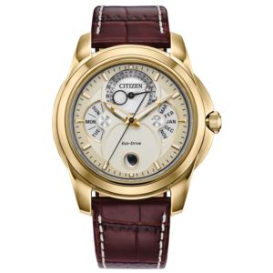 Mens+Calendrier+EcoDrive+Brown+Leather+Strap+Watch+Cream+Silver+Dial