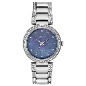 Ladies%27+Silhouette+Crystal+Eco-Drive+Silver-Tone+SS+Watch+Blue+MOP+Dial
