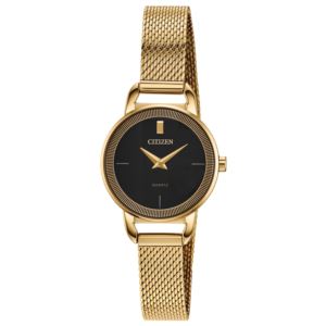 Ladies+Quartz+GoldTone+Stainless+Steel+Mesh+Watch+Black+Dial