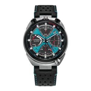 Mens+Promaster+Tsuno+Chrono+Racer+Black+Leather+Strap+Watch+Blue+Dial