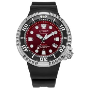 Mens+Promaster+Dive+E+Black+BENEBiOL+PU+Strap+Watch+Red+Dial