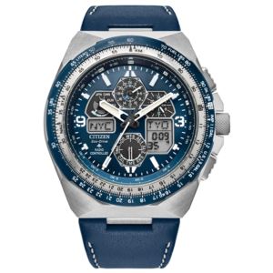 Mens+Promaster+Skyhawk+AT+EcoDrive+Blue+Leather+Strap+Watch+Blue+Dial