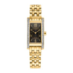 Ladies+Petite+Palidoro+EcoDrive+GoldTone+SS+Rectangle+Watch+Black+Dial