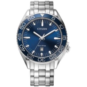 Mens+Carson+Sport+Luxury+EcoDrive+SilverTone+Stainless+Steel+Watch+Blue+Dial