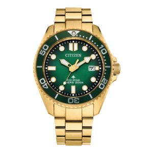 Mens+Promaster+Dive+EcoDrive+GoldTone+Stainless+Stele+Watch+Green+Dial
