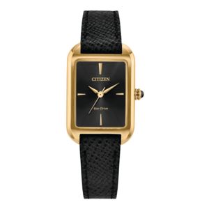 Ladies+Dress+Classic+EcoDrive+Black+Leather+Strap+Rectangle+Watch+Black+Dial