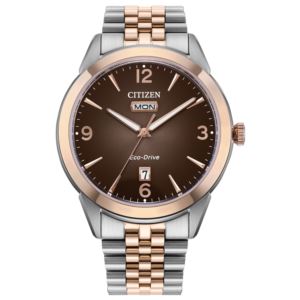 Mens+Rolan+EcoDrive+Rose+Gold+SilverTone+Stainless+Steel+Watch+Brown+Dial